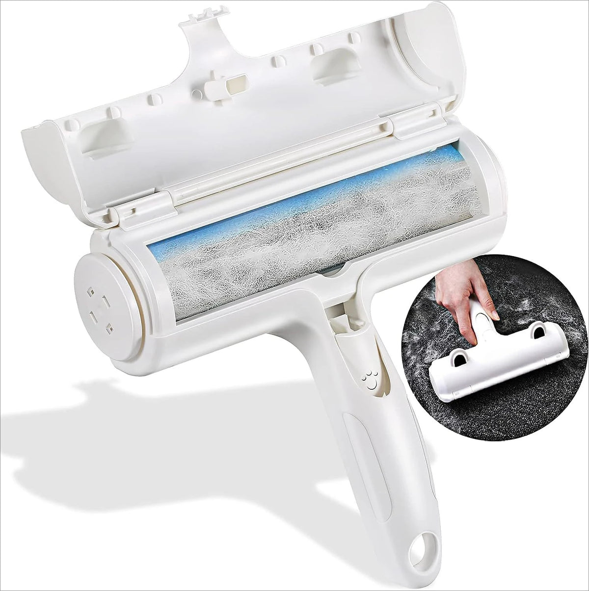 A white reusable pet hair remover brush with a suction mechanism is shown open and in use.