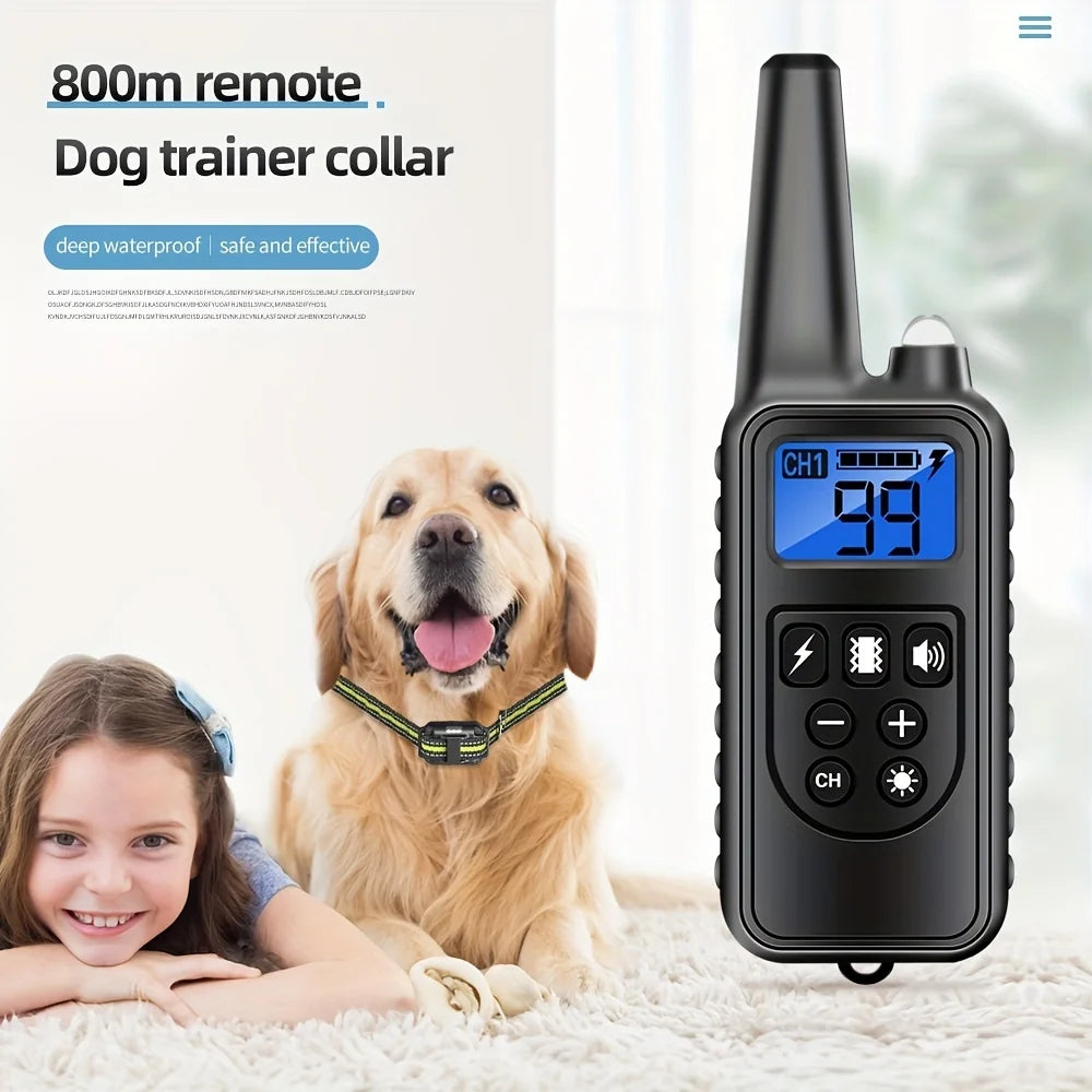 A black waterproof dog trainer collar with a remote and LED light is shown next to a happy golden retriever and a young girl.