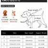 Diagram showing measurements for dog harness sizes XS-M and L, including bust size and rope length.