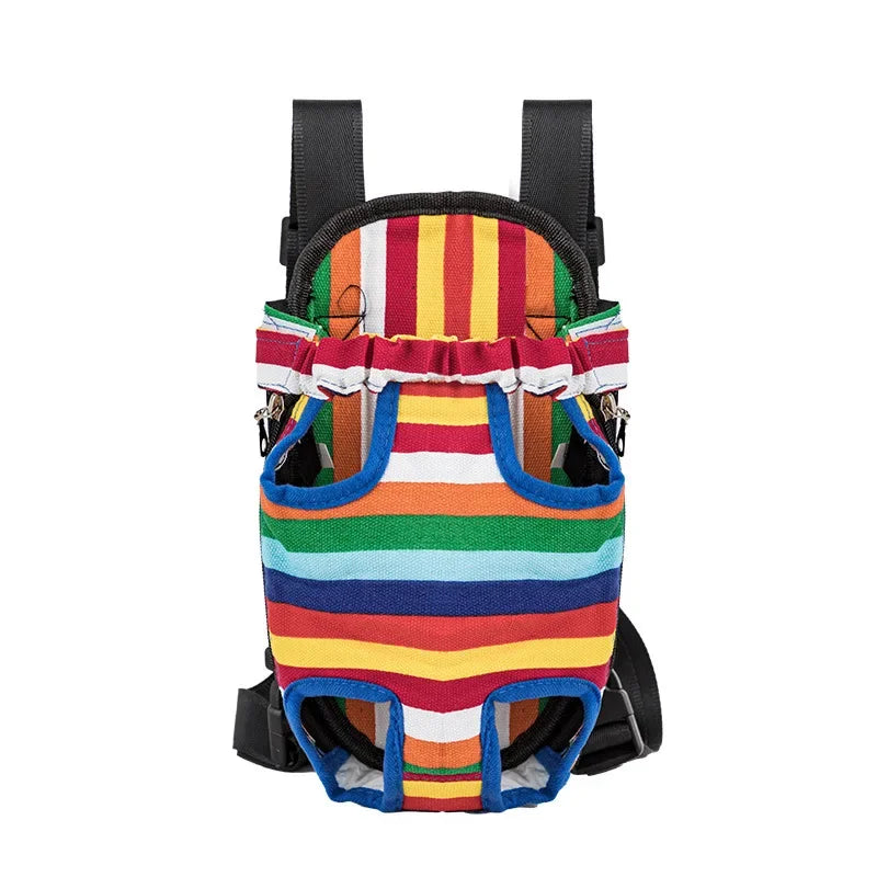 Adjustable cat and dog carrier backpack with colorful striped fabric and black straps