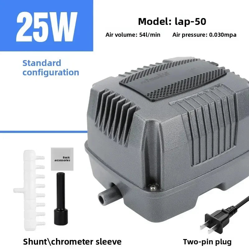 A gray oxygen pump labeled 25W with a lap-50 model, showing accessories like a shunt and a two-pin plug.