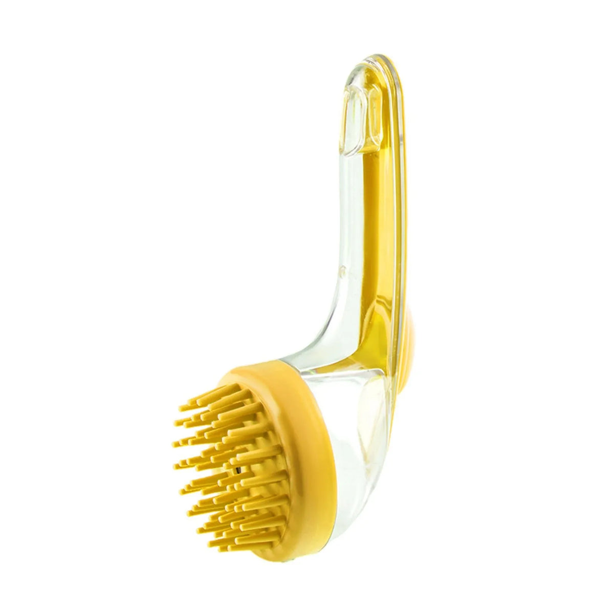 A yellow silicone pet bath brush with a dispenser is shown against a white background.