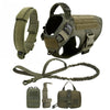 A heavy duty tactical dog harness with a padded vest and molli pouch system shown in various components.