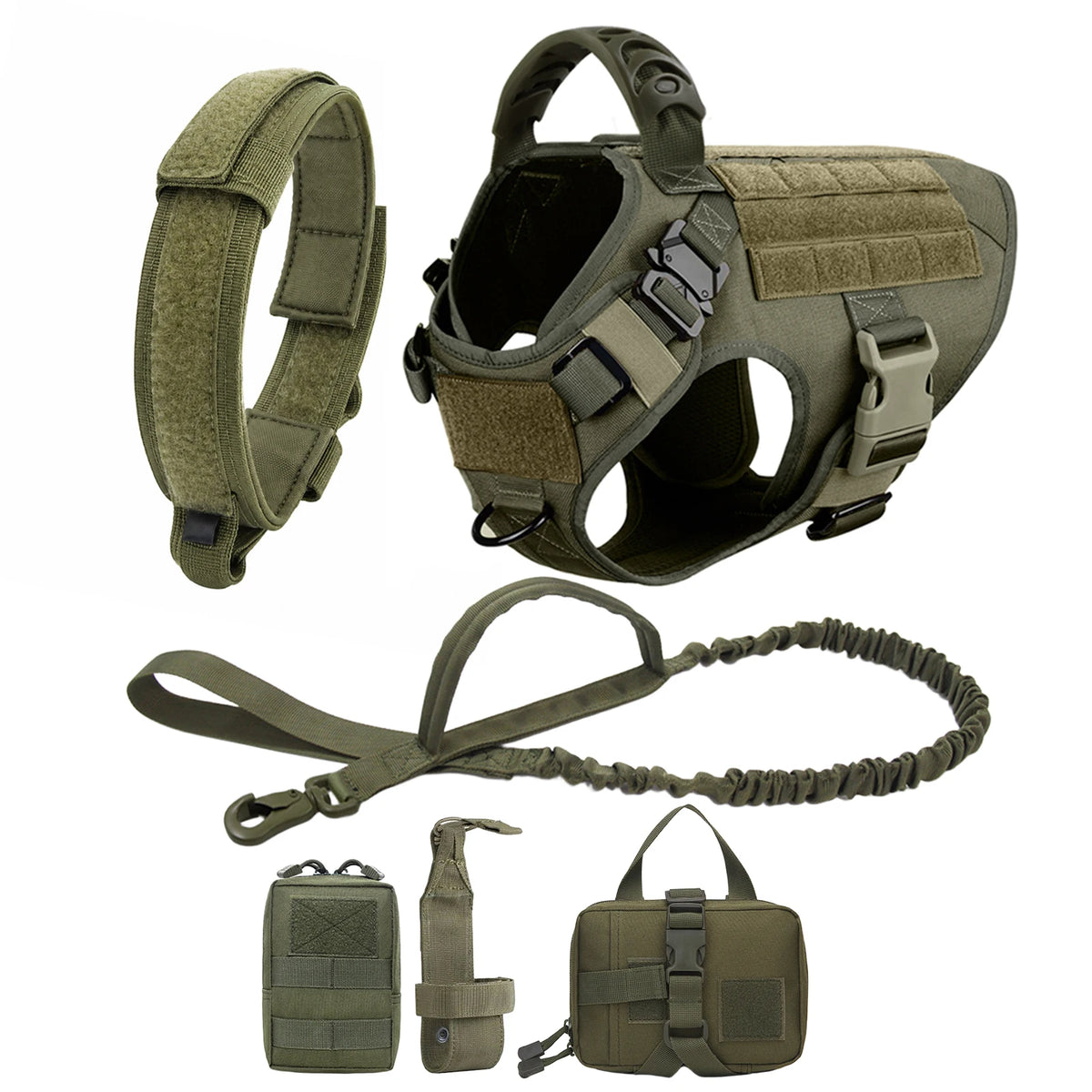 A heavy duty tactical dog harness with a padded vest and molli pouch system shown in various components.