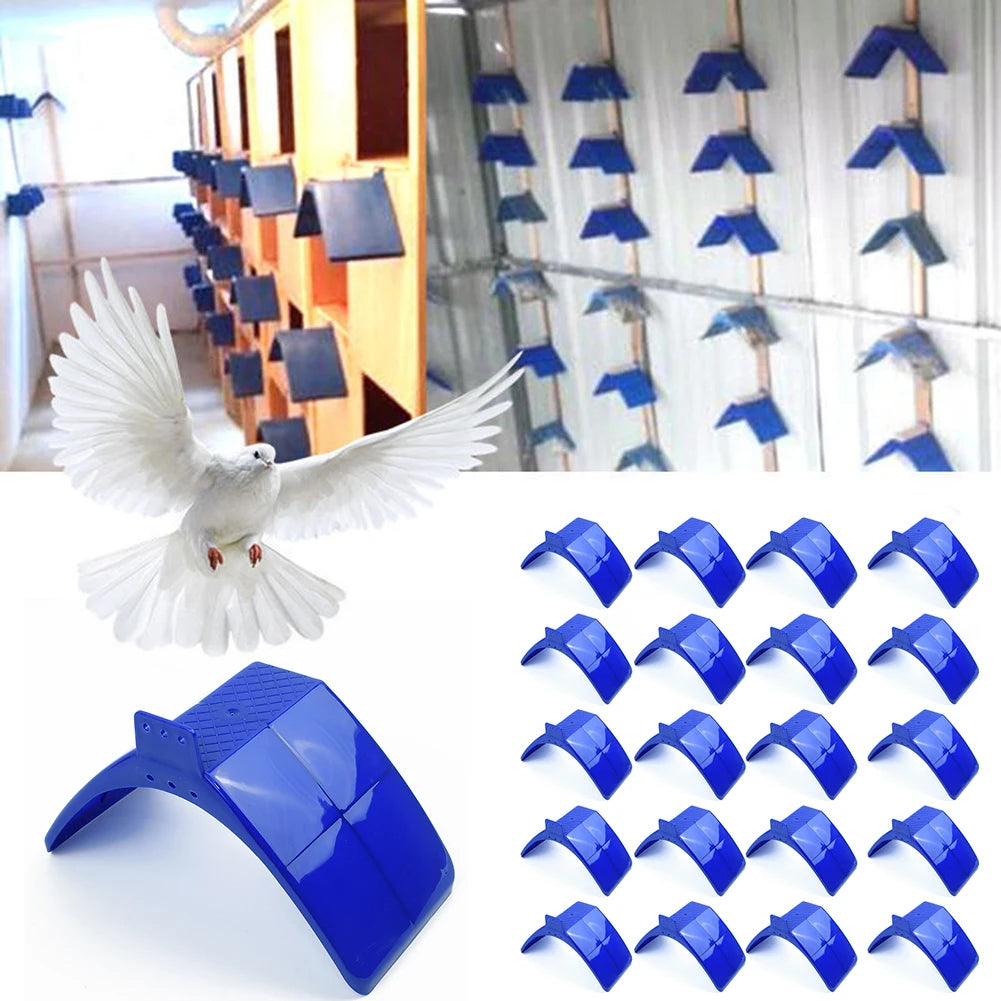 A set of 20 blue plastic bird rest stands for pigeons and doves shown in various angles.