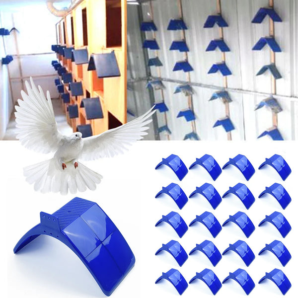 A set of 20 blue plastic bird rest stands for pigeons and doves shown in various angles.