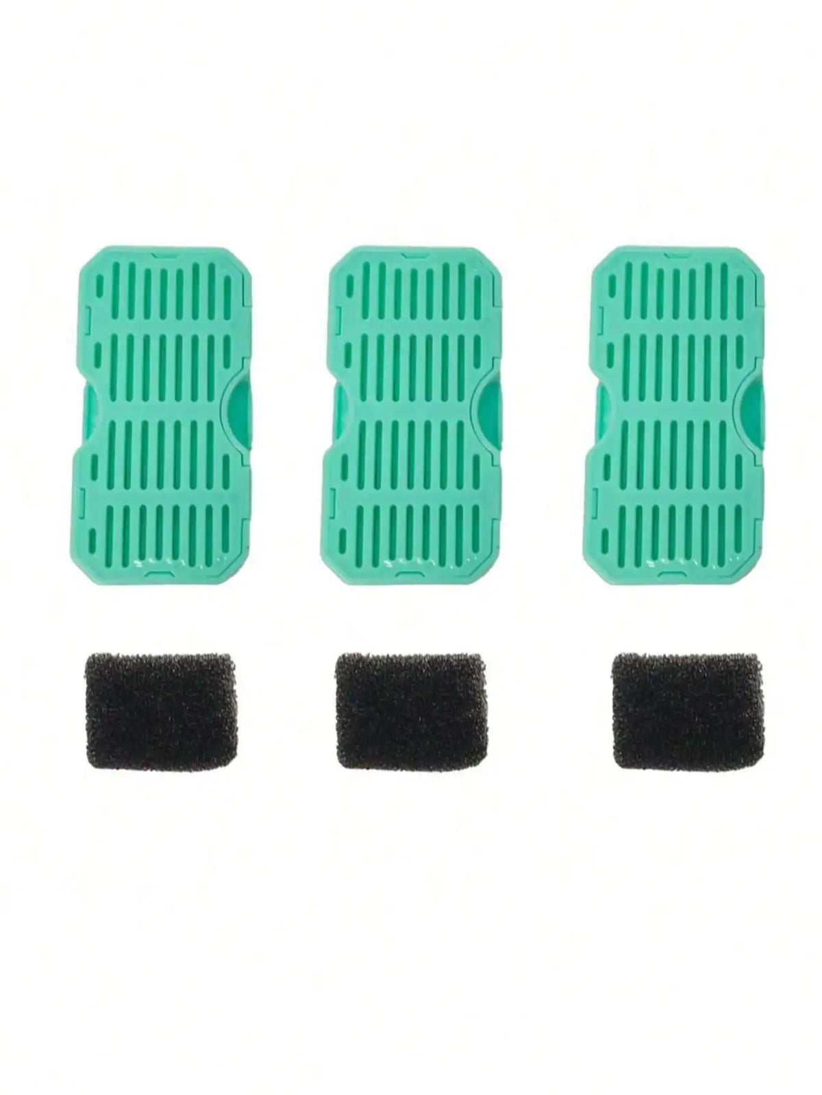 Trois tapis en silicone verts et trois tampons de nettoyage noirs pour une fontaine à eau automatique pour chat.
