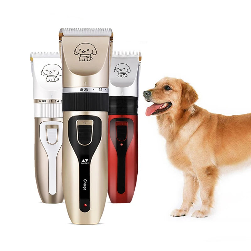 Ein Set kabelloser, wiederaufladbare Tierhaar-Schere in Gold und Rot neben einem Hund.