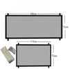 A black heavy duty foldable pet gate or barrier fence with a mesh design and various dimensions shown.
