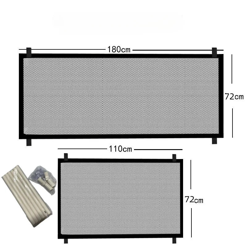 A black heavy duty foldable pet gate or barrier fence with a mesh design and various dimensions shown.