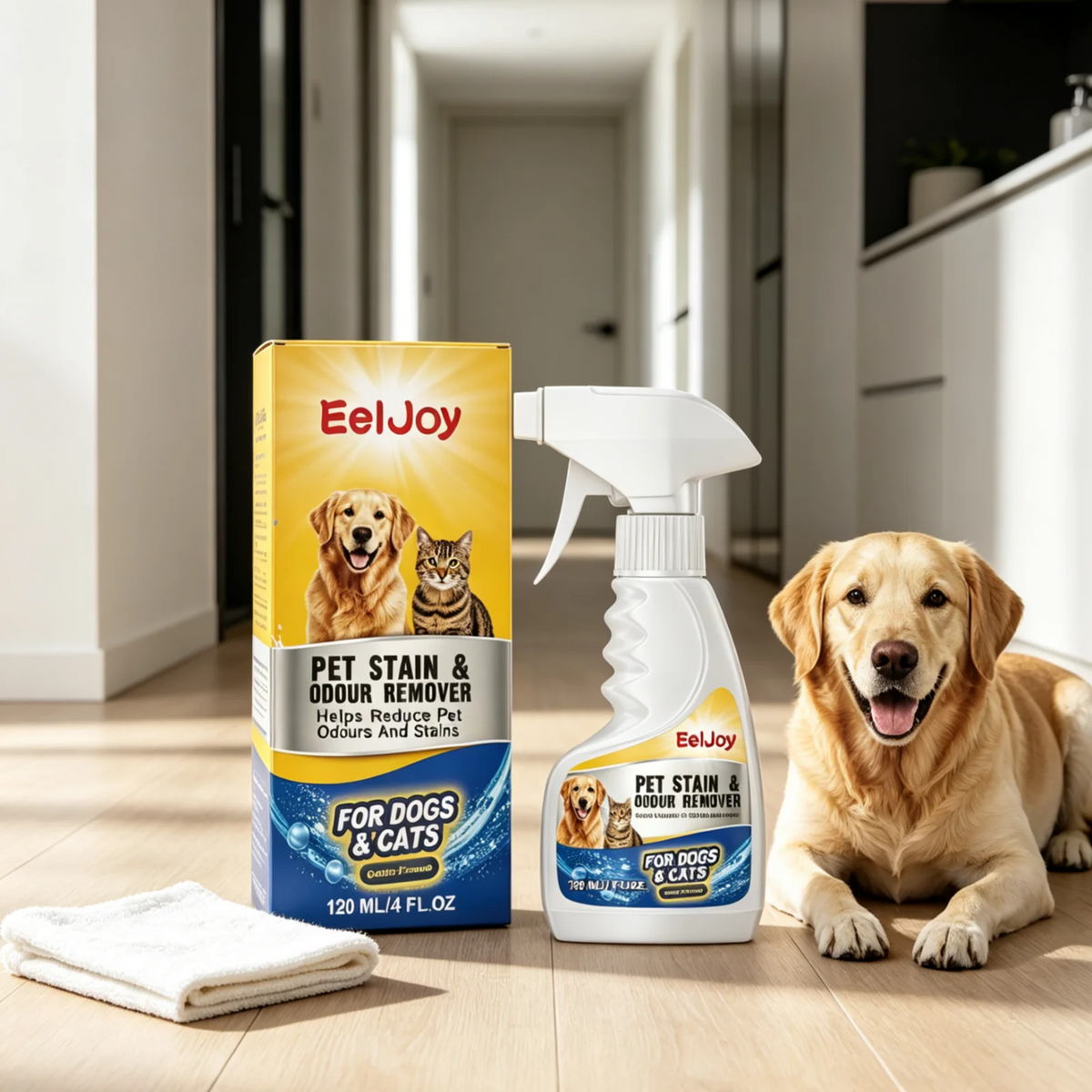 A bottle of EelJoy pet stain and odor remover spray sits next to a golden retriever dog.