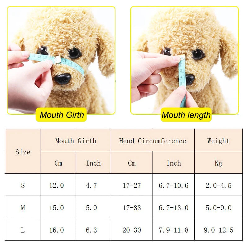 A table showing sizes, measurements (mouth girth, head circumference), and corresponding weights for a Quack-Free Training Mu