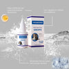 Botella y caja de gotas para el oído Yegbong con gotas de agua circundantes para el cuidado del oído.