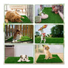 A set of reusable artificial grass dog potty pads shown in various contexts with dogs using them.