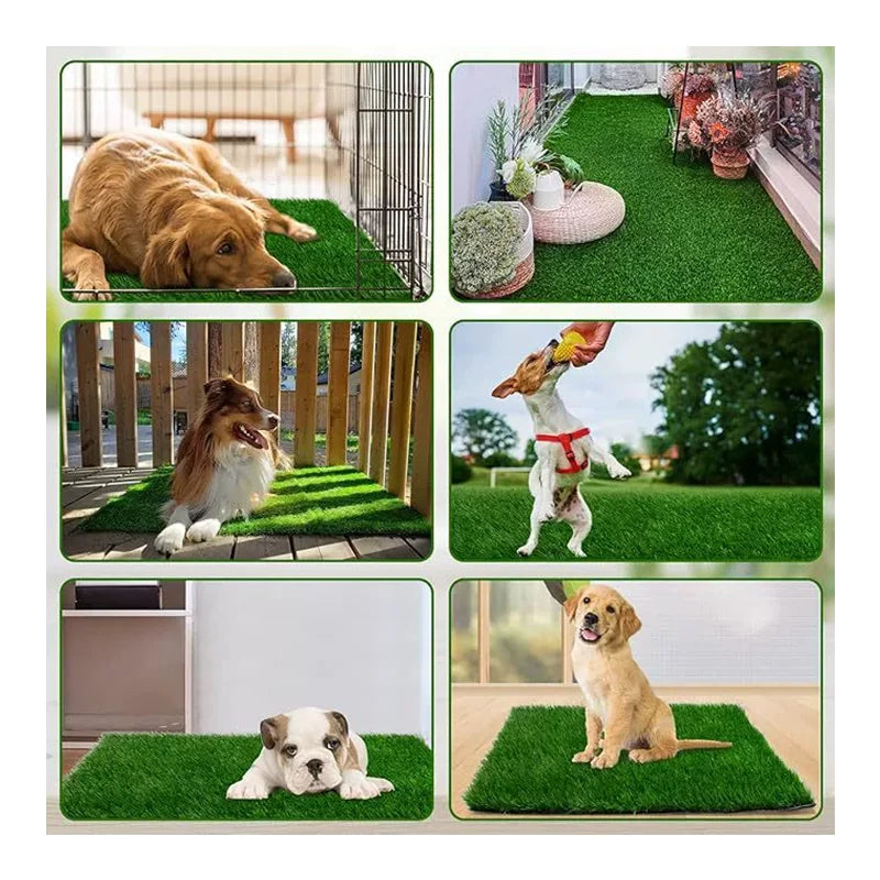 A set of reusable artificial grass dog potty pads shown in various contexts with dogs using them.