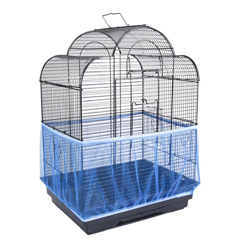 A black mesh bird cage with a blue plastic base and dome cover.