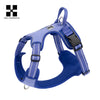 A blue reflective no-pull dog harness with black quick-release buckles shown against a white background.