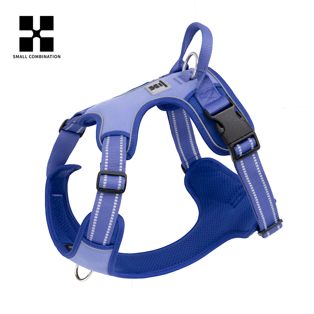 A blue reflective no-pull dog harness with black quick-release buckles shown against a white background.
