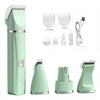 A vertical green pet grooming kit showing various ceramic blades and accessories for pet grooming.