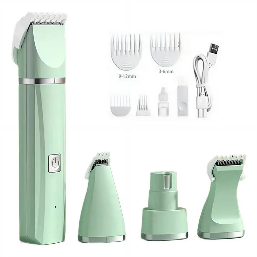 A vertical green pet grooming kit showing various ceramic blades and accessories for pet grooming.