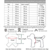 A chart detailing dog clothing size measurements including chest and back length for various sizes like XS to 5XL.