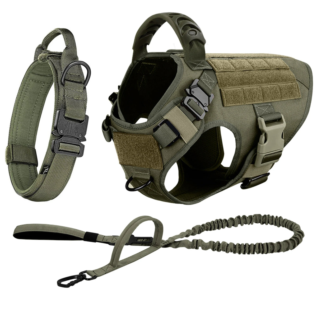 A tan dog harness and leash set with padded straps and buckles shown in various views.