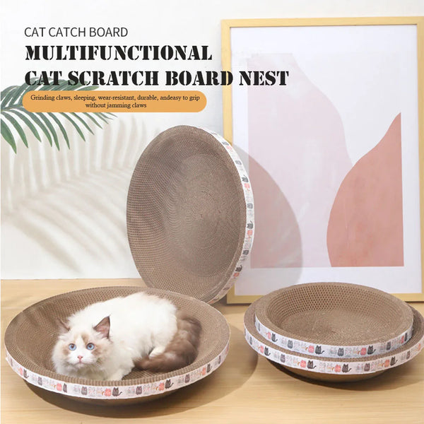 A bowl-shaped corrugated cat scratch board nest with a white kitten resting inside.