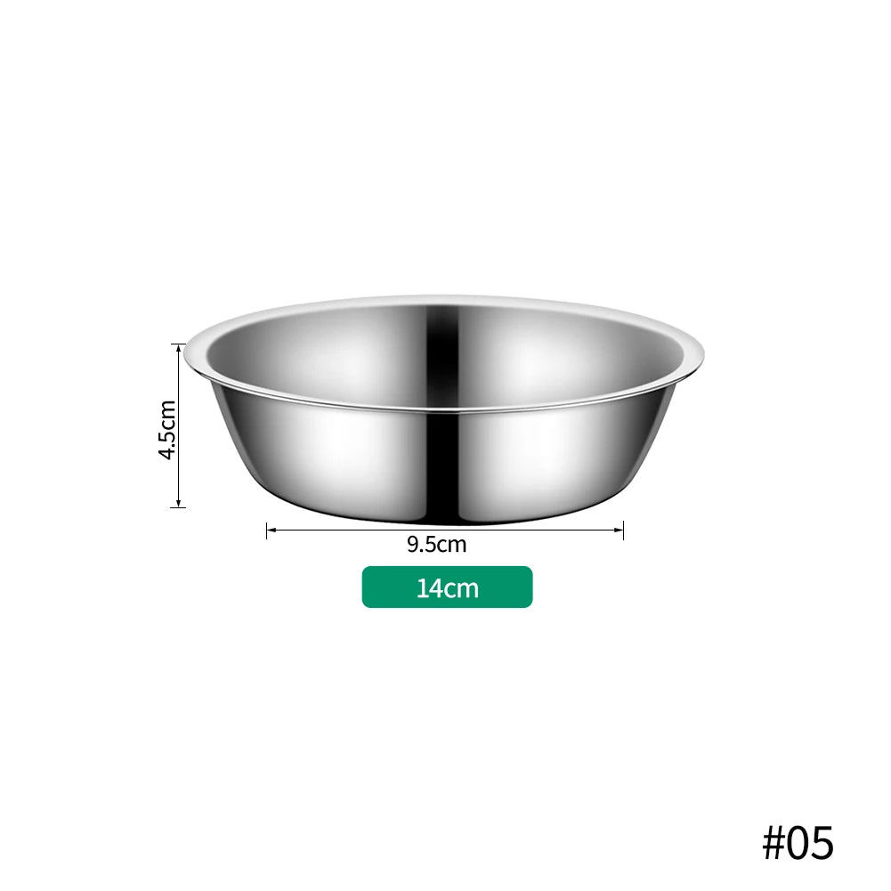 A silver stainless steel pet feeding bowl with a diameter of 9.5cm and a depth of 4.5cm.