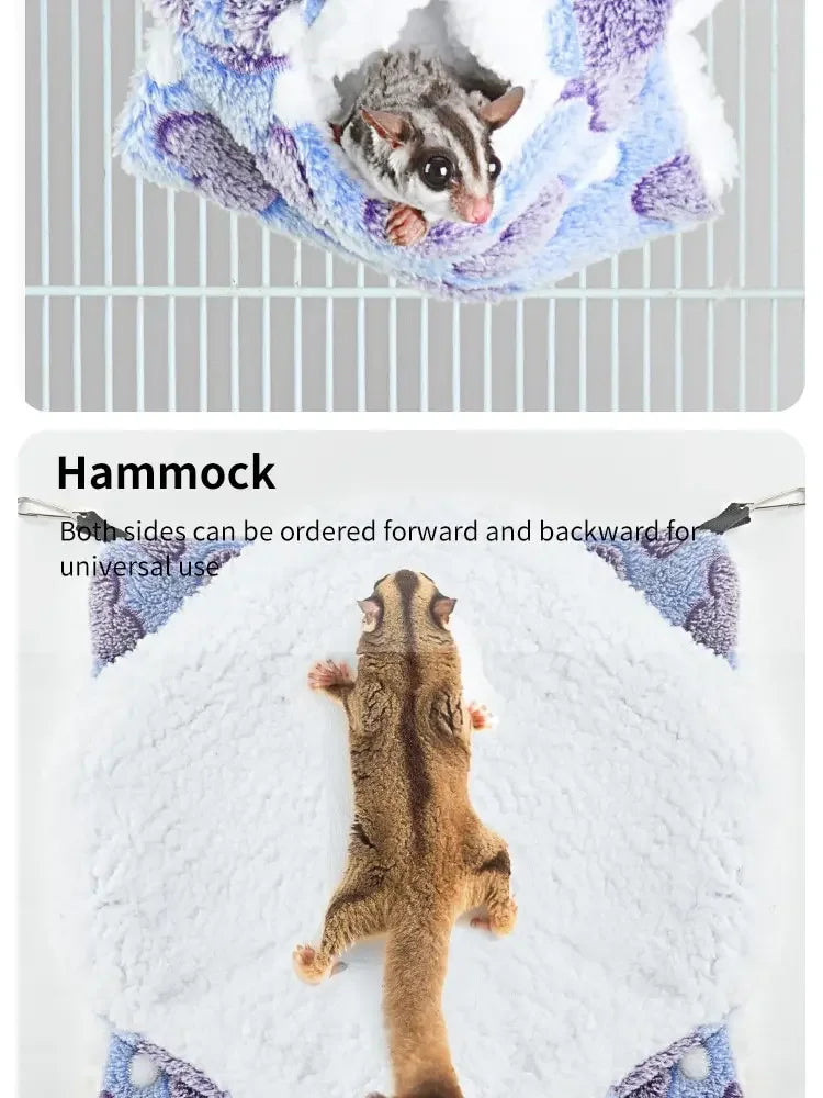 A small rodent is resting inside a fluffy, purple and white plush hammock.