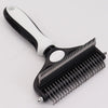 A black and white deshedding brush for dogs and cats with a curved handle.