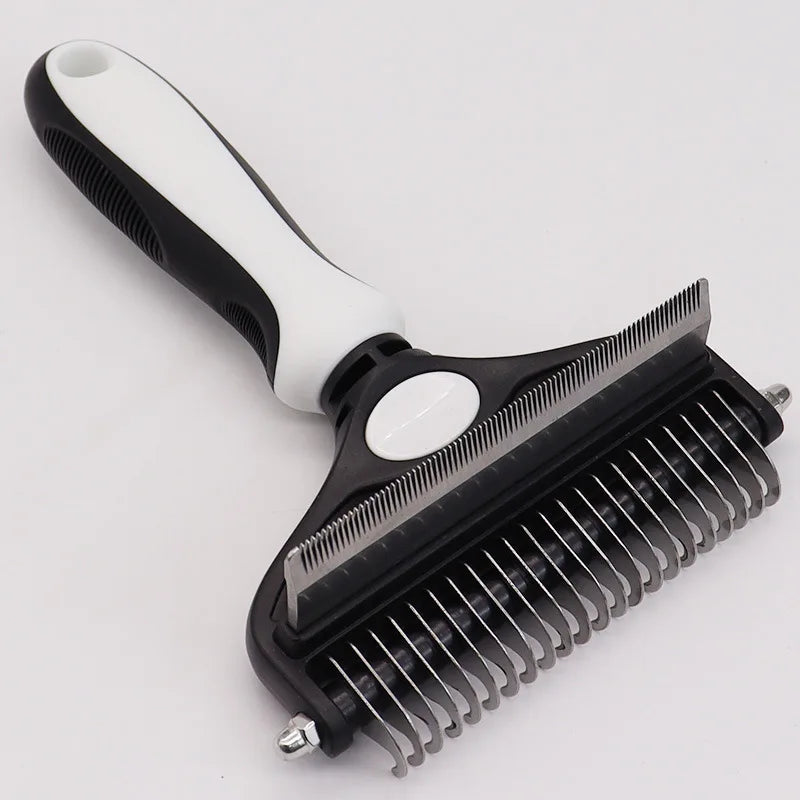 A black and white deshedding brush for dogs and cats with a curved handle.