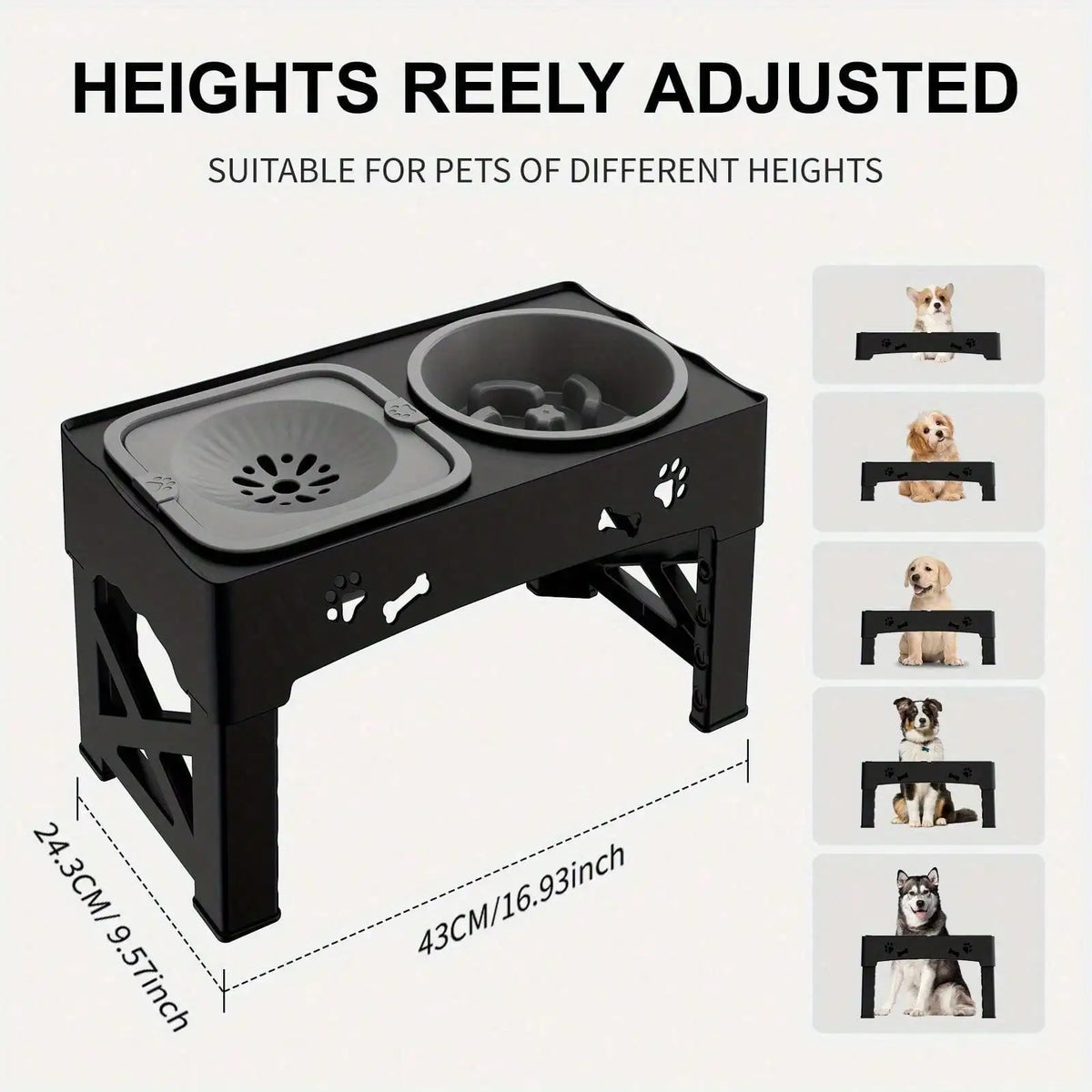 Black adjustable elevated dog bowl stand suitable for pets of different heights
