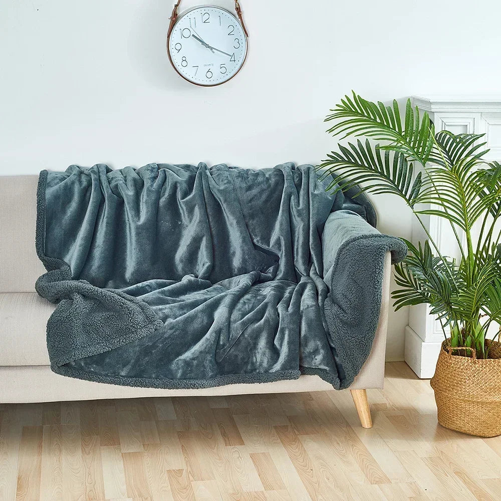 A dark teal microfiber blanket draped over a light-colored sofa with a large potted palm plant in the background.