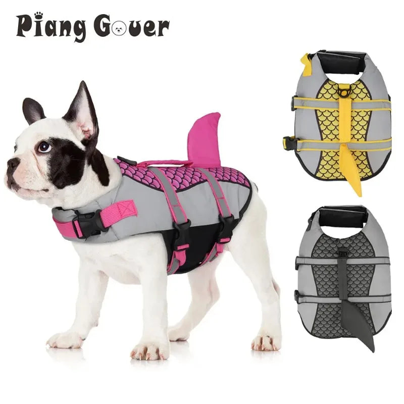 A white dog wearing a pink and gray life jacket for swimming, shown alongside the jacket itself.