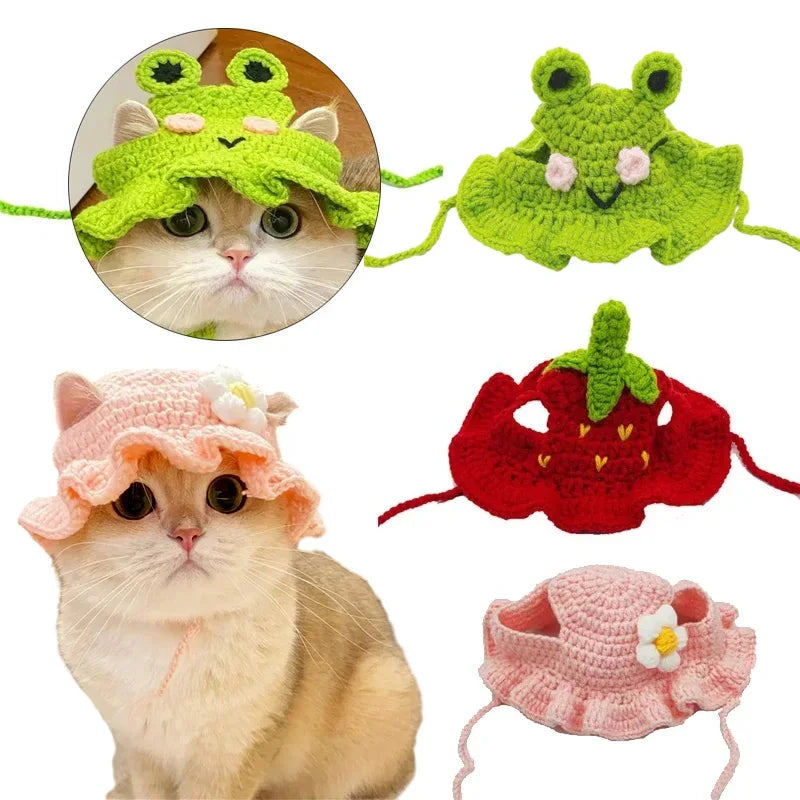 Handgefertigte gewebte grüne und rosa Katzenkopfhaube mit einer Katze
