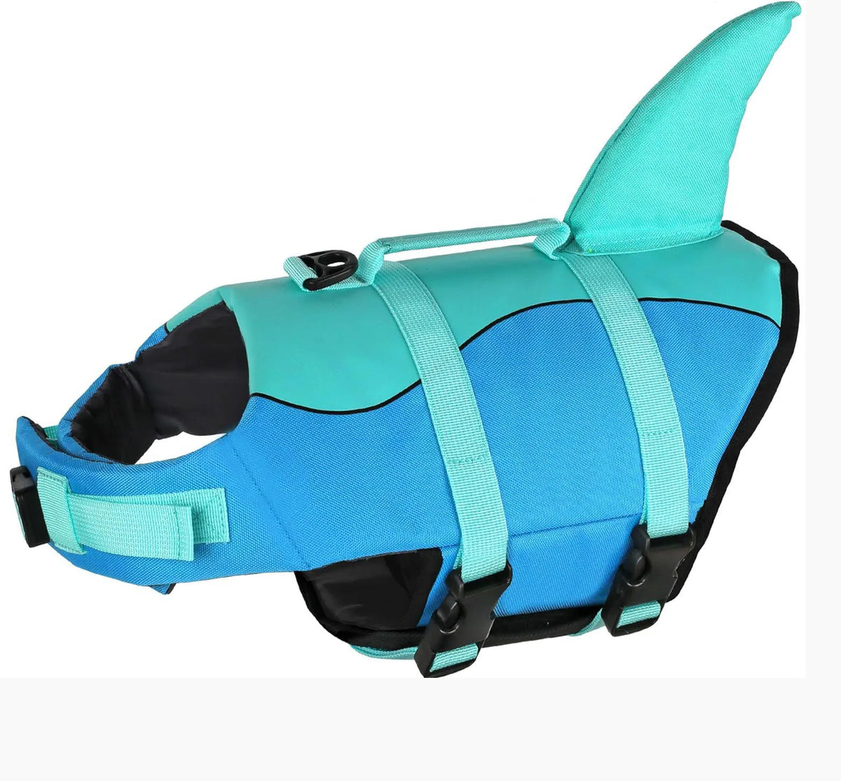 A bright turquoise dog life jacket with a fin, designed for swimming.