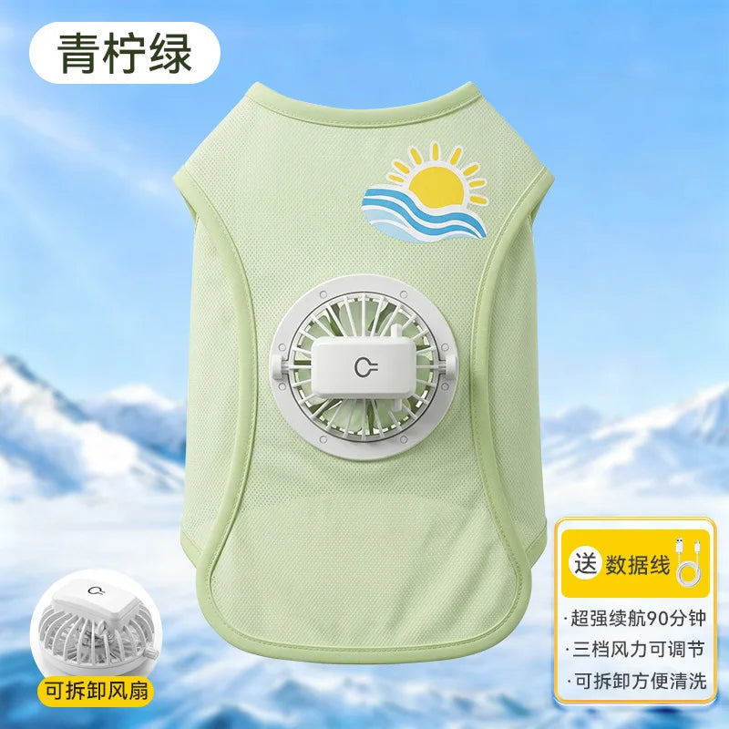 Light green cooling dog vest with a built-in fan and a control button