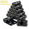A stack of 17 rolls of black dog waste bags with a dispenser and one loose roll shown on a white background.