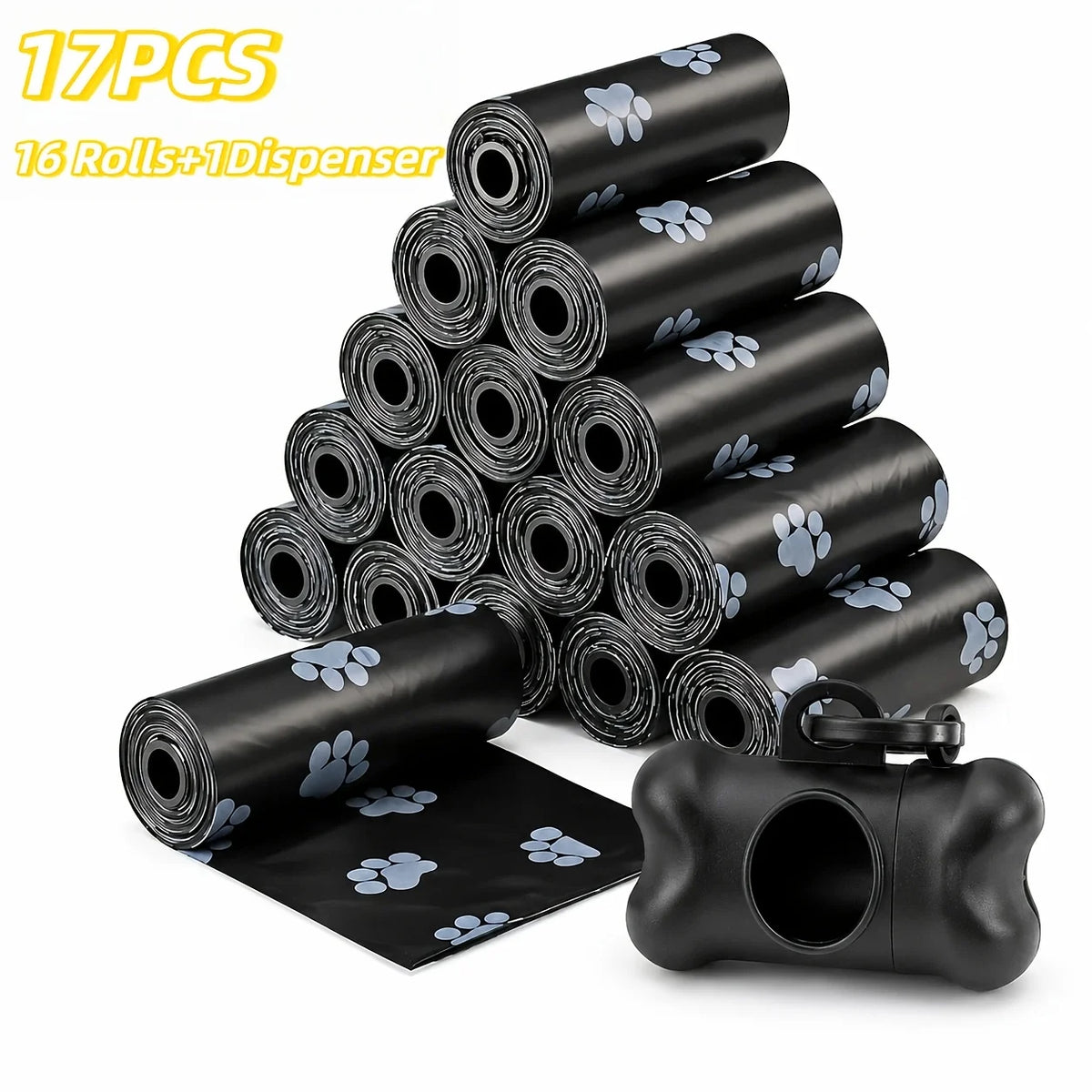 A stack of 17 rolls of black dog waste bags with a dispenser and one loose roll shown on a white background.