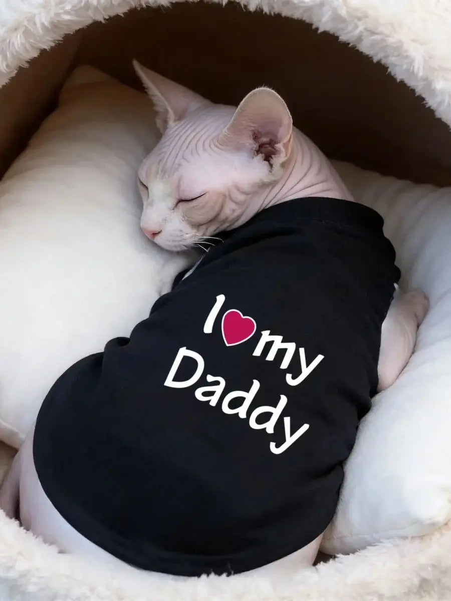 A white cat is resting inside a fluffy brown basket, wearing a black shirt that says I love my Daddy.