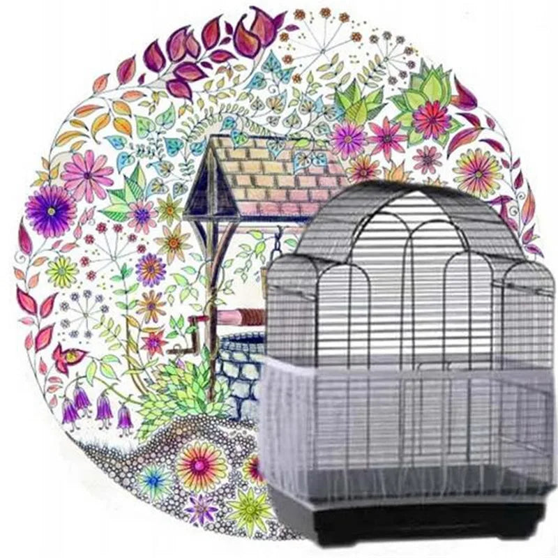 A decorative bird cage skirt made of nylon mesh with a lattice design, used as a debris guard.
