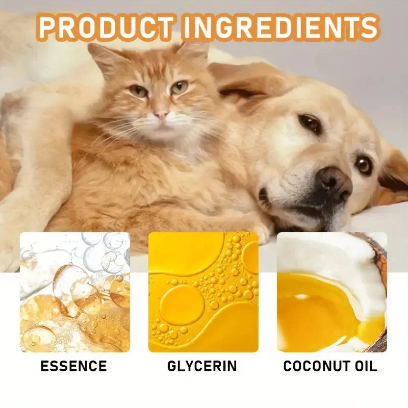Primer plano de un gato y un perro descansando, con ingredientes visuales de esencia, glicerina y aceite de coco.