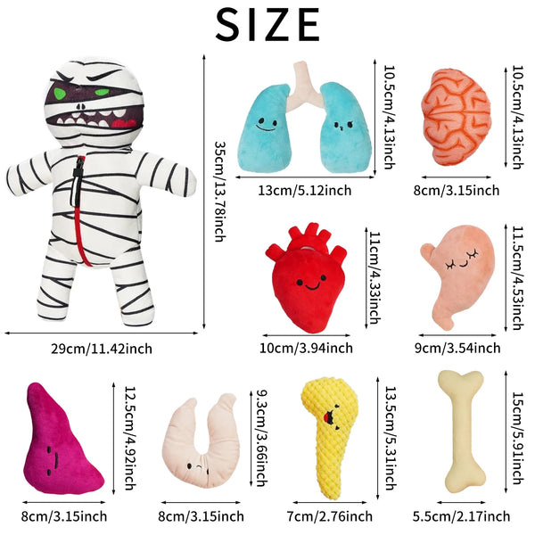 A collection of soft chew toys including a zombie mummy, heart, and various shaped pink and yellow items.