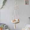 A bohemian macrame cat hammock bed for pet decor hanging on a wall.