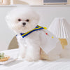 Un perro blanco y esponjoso vistiendo un elegante vestido de malla azul y amarillo, sentado sobre una superficie blanca.