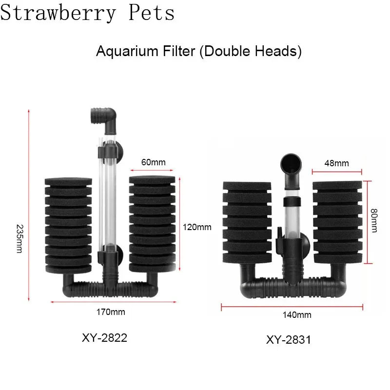 Deux modèles de filtre pour aquarium à double tête, étiquetés XY-2822 et XY-2831.