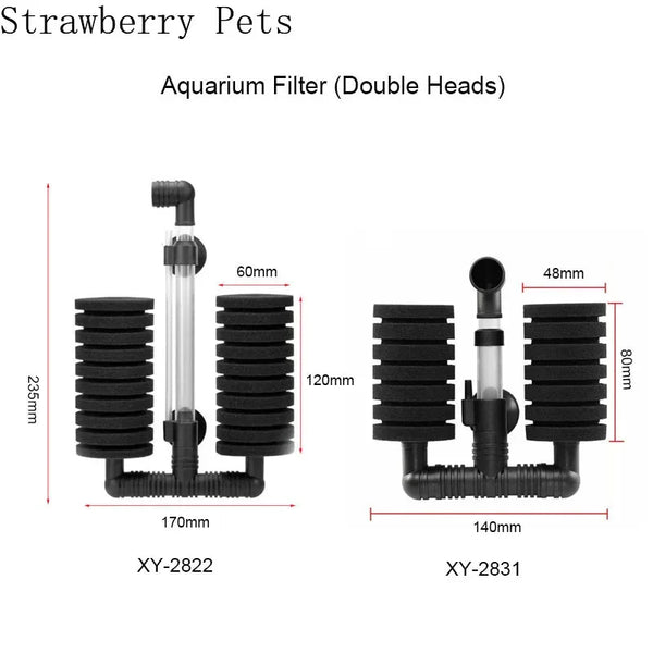 Deux modèles de filtre pour aquarium à double tête, étiquetés XY-2822 et XY-2831.