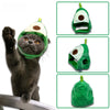 A gray cat is wearing a green fruit-shaped hat for pets, shown alongside multiple product views.