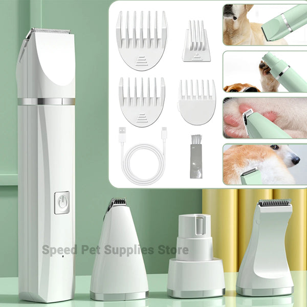 A white 4-in-1 multifunctional pet grooming kit featuring various metal combs and a grooming tool displayed on a green backgr