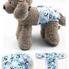 A reusable female dog physiological panty in light blue with a black and white pattern shown from different angles.